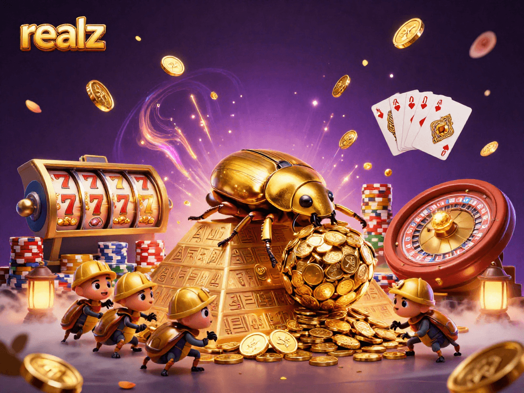 realz: Gewinne mit Spielautomaten und erlebe Casino-Action in einer farbenfrohen 3D-Illustration