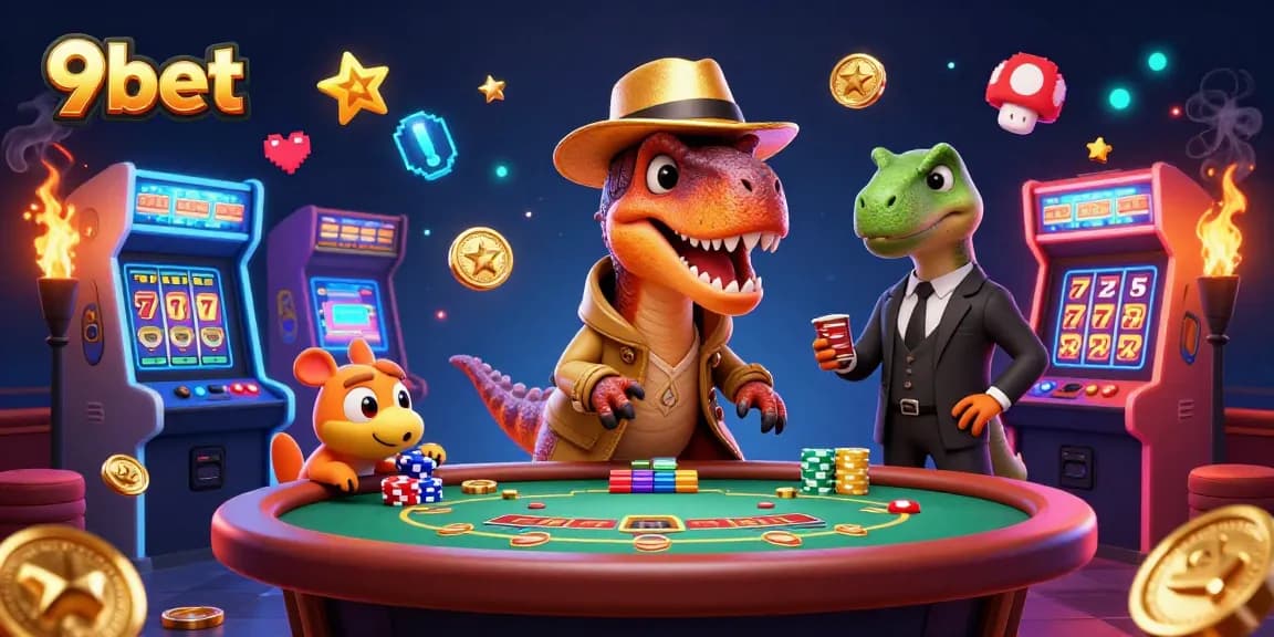 9bet gaming scene with a velociraptor counting cards, stegosaurus pit boss, and a pickpocket, featuring vibrant casino elements.