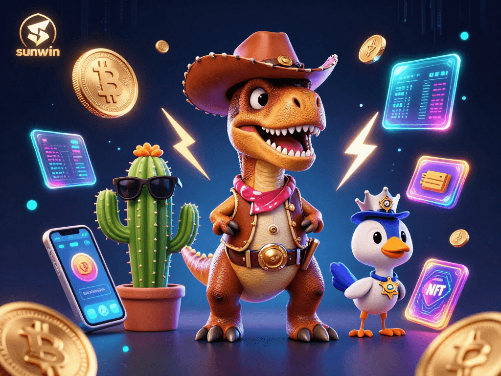Engage with sunwin's exciting casino world featuring a cartoon T-Rex and crypto elements.