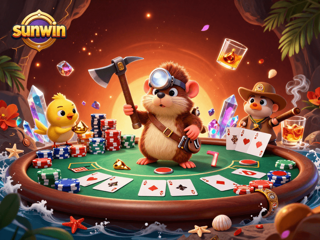 Players enjoy a vibrant poker scene with sunwin-themed treasures and a dynamic atmosphere.