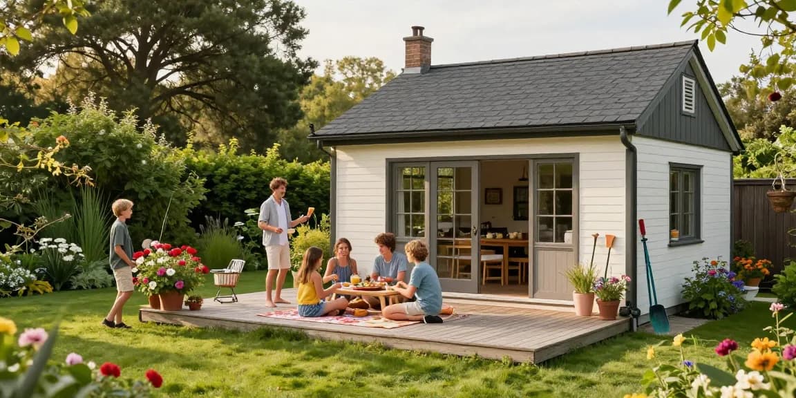 Familie am Garten Haus genießen einen sonnigen Nachmittag mit einer Picknickdecke im Garten.