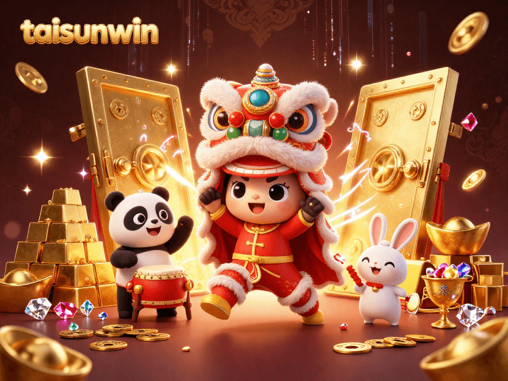 Engage with taisunwin's vibrant scene featuring a lion dance and dynamic casino elements.