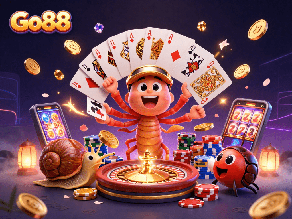 Spin and win with Go88's vibrant casino scene showcasing dynamic characters and game elements.
