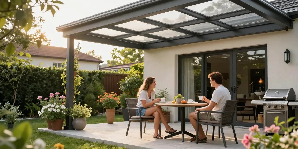 Moderne Terrassenüberdachung, elegante Möbel und blühende Pflanzen schaffen eine einladende Outdoor-Oase.