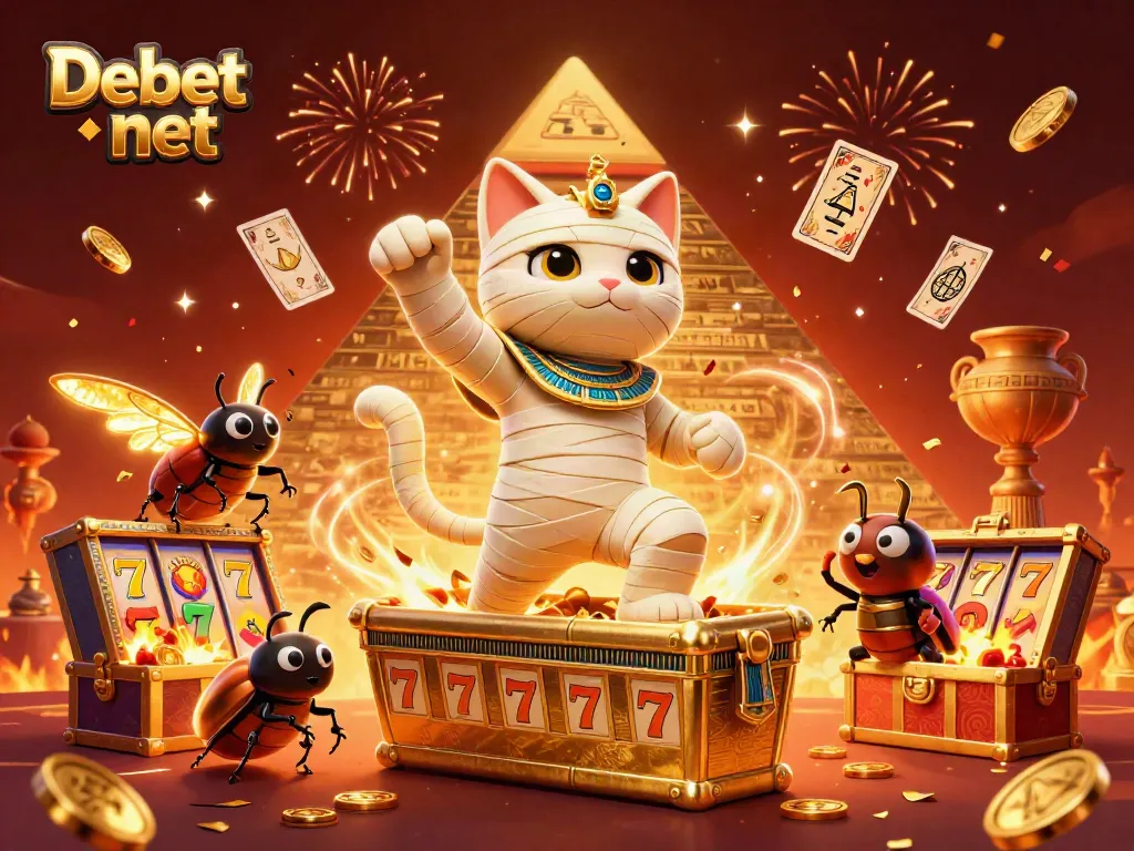 Unleash excitement at Debet net with dynamic casino characters bursting from treasure, creating a vibrant gaming atmosphere.