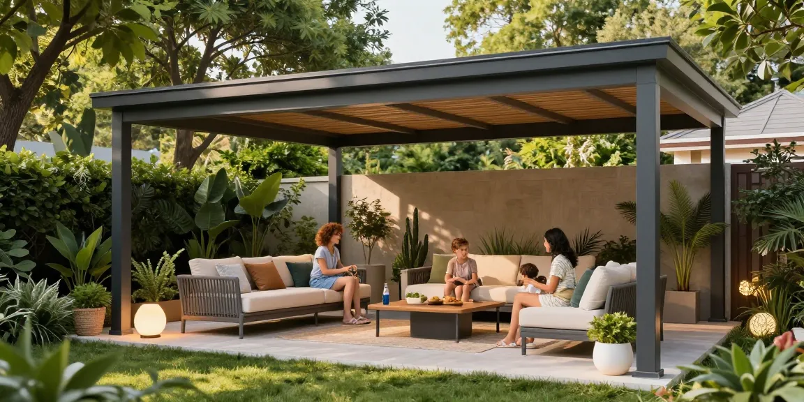 Helle und einladende freistehende Terrassenüberdachung mit Familie im Garten entspannend