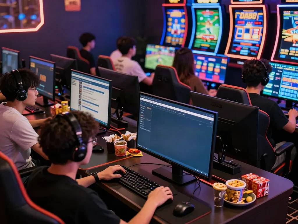 Players enjoying online games at DA88, showcasing interactive experience with screens and snacks.