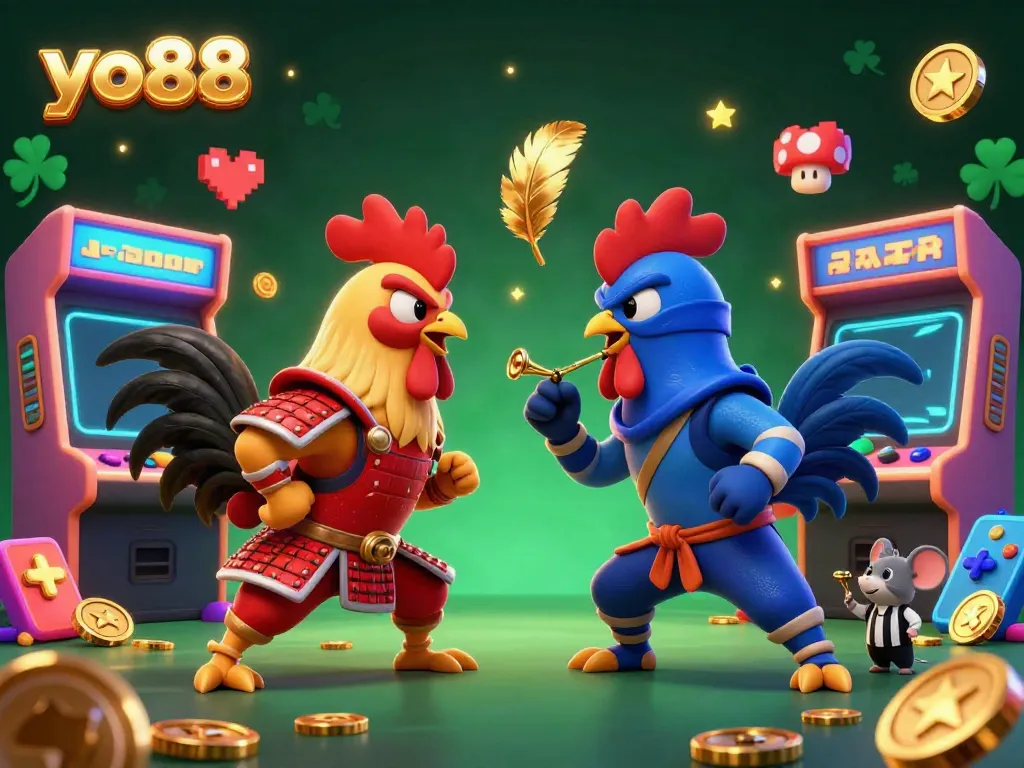 Experience exciting gameplay at yo88 with dynamic cartoon roosters in a vibrant casino world.