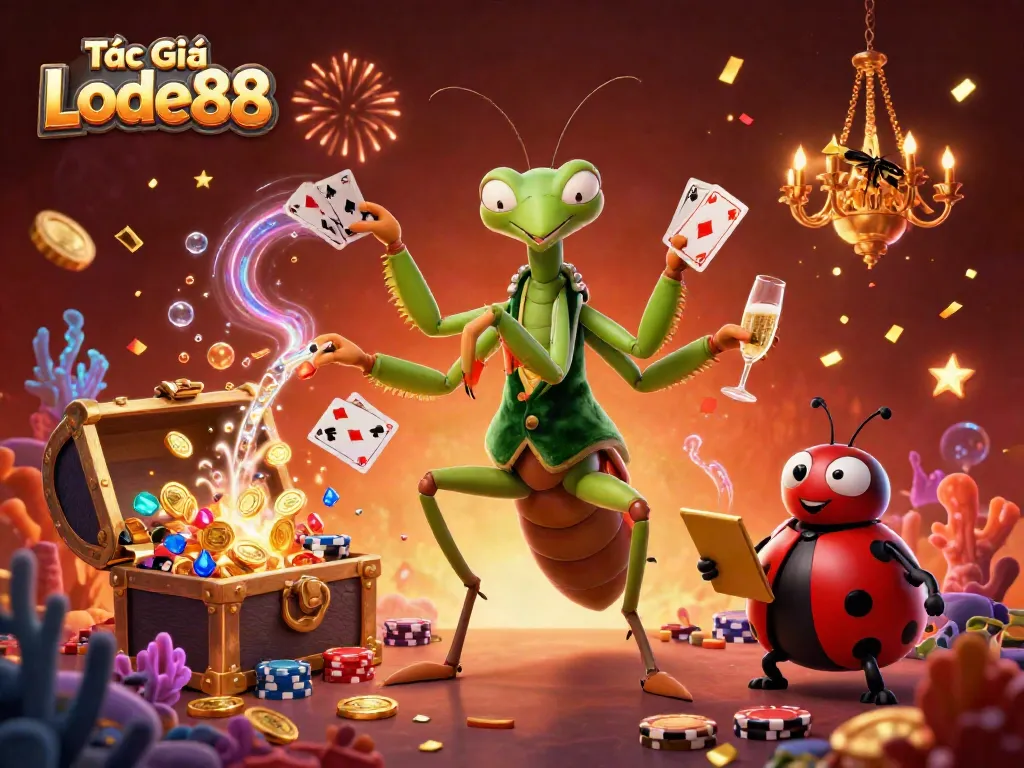 Tác Giả Lode88 showcases a vibrant casino scene with a giant mantis card sharp and a ladybug pit boss in a celebratory atmosphere.