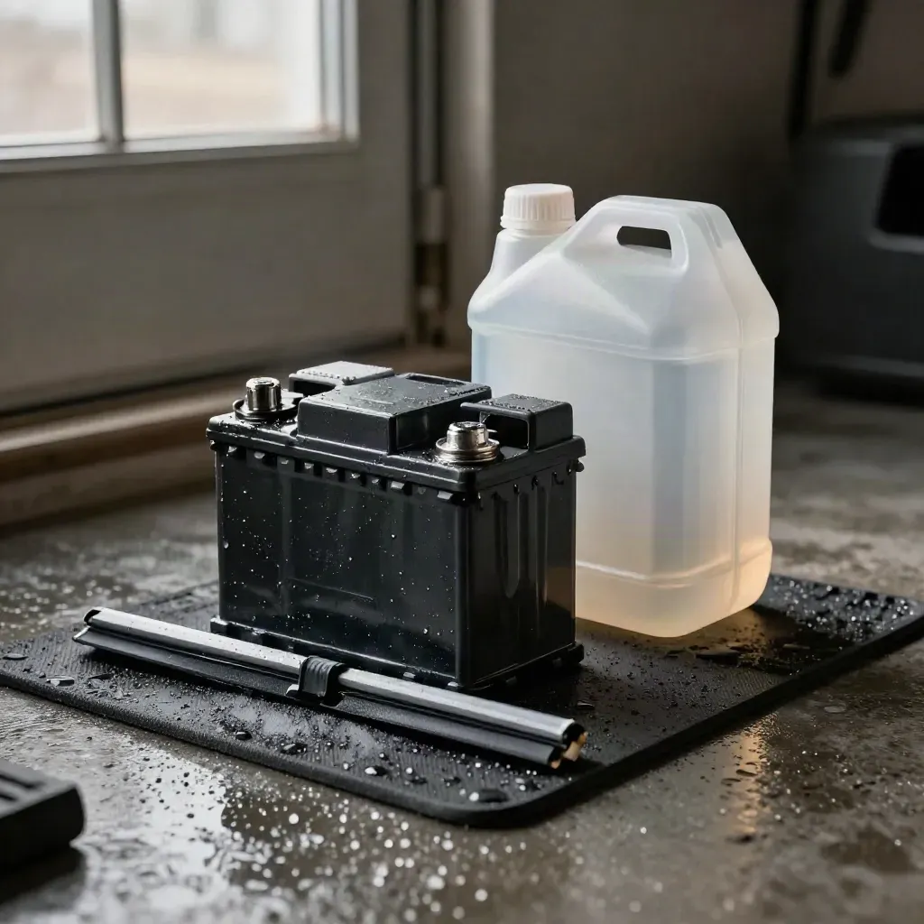 Nahaufnahme eines Winter-Check-Sets mit Batterie, Wischerblatt und Frostschutz auf nasser Werkmatte