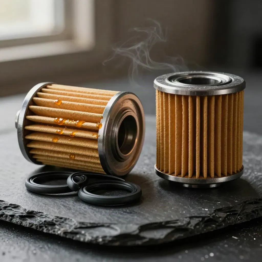 Ölfilter mit zwei O-Ringen schwebt über dunklem Schiefer im Werkstattlicht