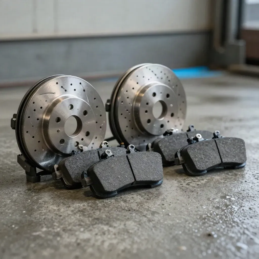 Bremsbeläge, Bremsscheiben und Clips auf feuchtem Beton im kühlen Studiolicht