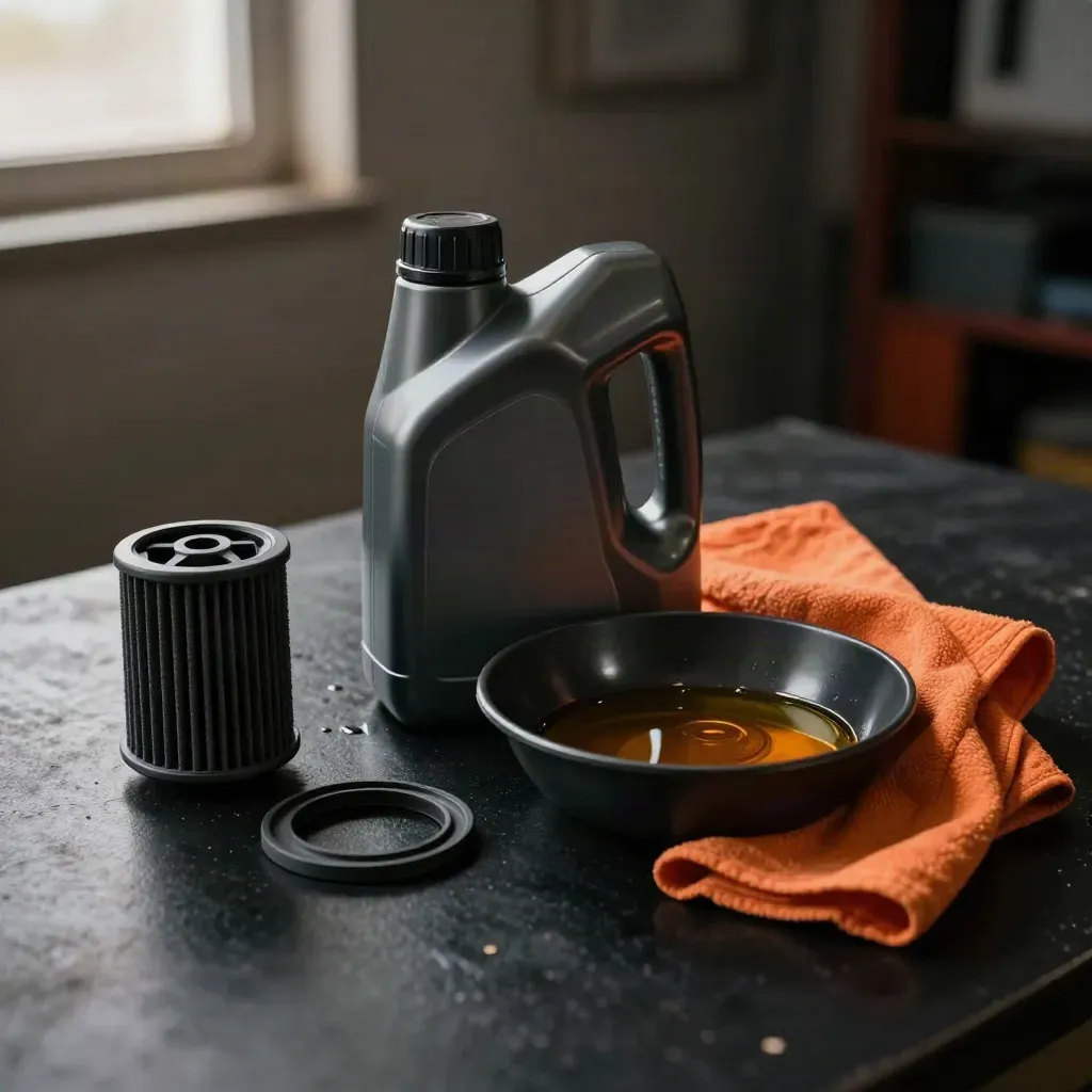 Ölwechsel-Set mit Filter, Dichtung, Ölkannister, Auffangschale und orangefarbenem Tuch auf dunkler Fläche.