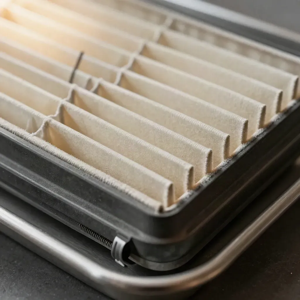 Makro eines Luftfiltereinsatzes mit diagonalen Falten, Staubkante und Stahlgrau-Licht.