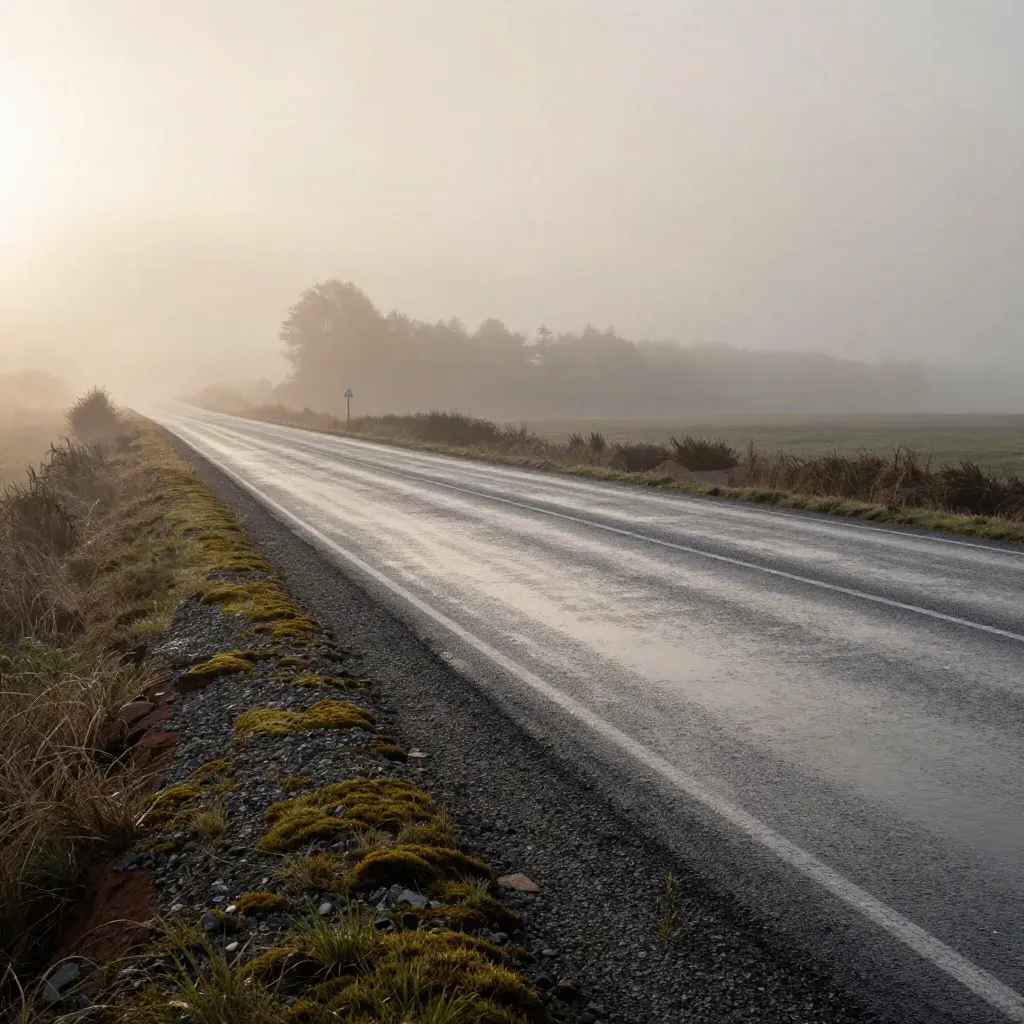 Neblige Landstraße im Morgengrauen mit feuchtem Asphalt und weitem Horizont