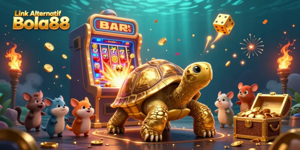 Engage with Link Alternatif Bola88 in a vibrant 3D casino scene featuring a pinball tortoise and a jackpot explosion.