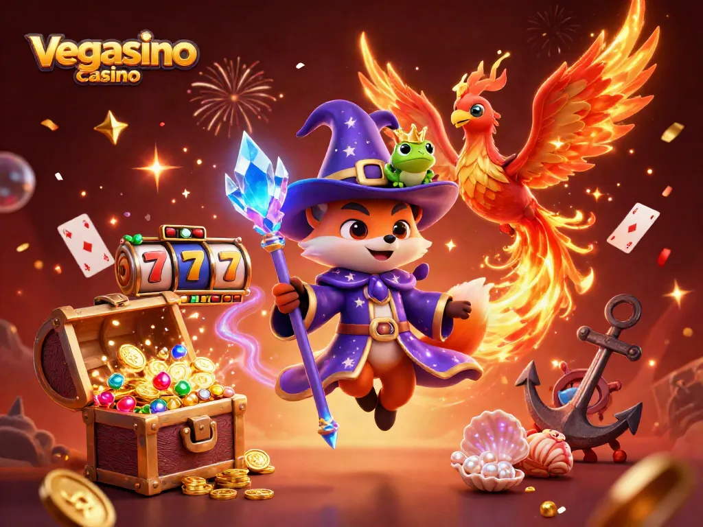 Engage with the vegasino casino adventure featuring a magical wizard fox and vibrant slot elements.