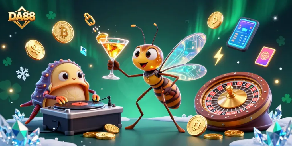 Engage in thrilling gameplay at DA88 with exciting casino characters and vibrant crypto elements.