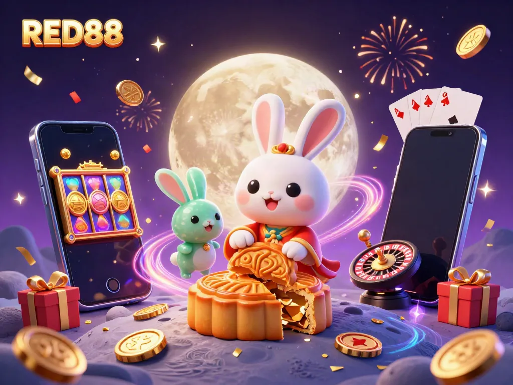 Celebrate winning moments at RED88 with vibrant casino game elements, dynamic scenes, and cheerful characters.