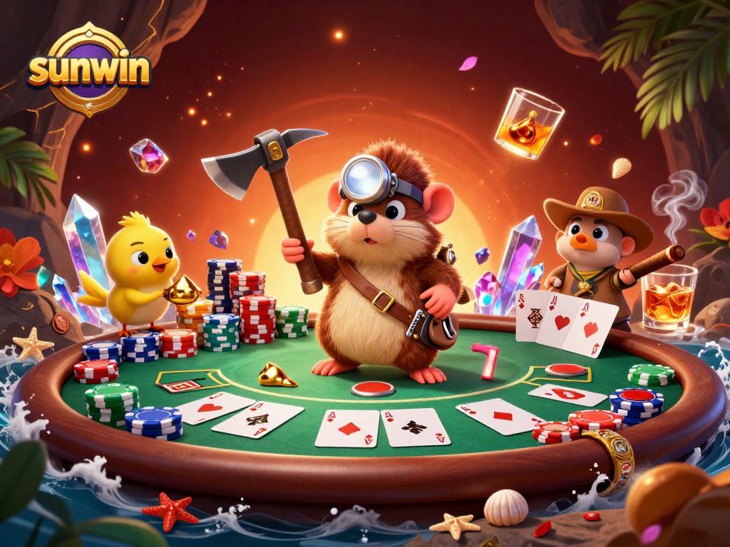Players enjoy a vibrant poker scene with sunwin-themed treasures and a dynamic atmosphere.