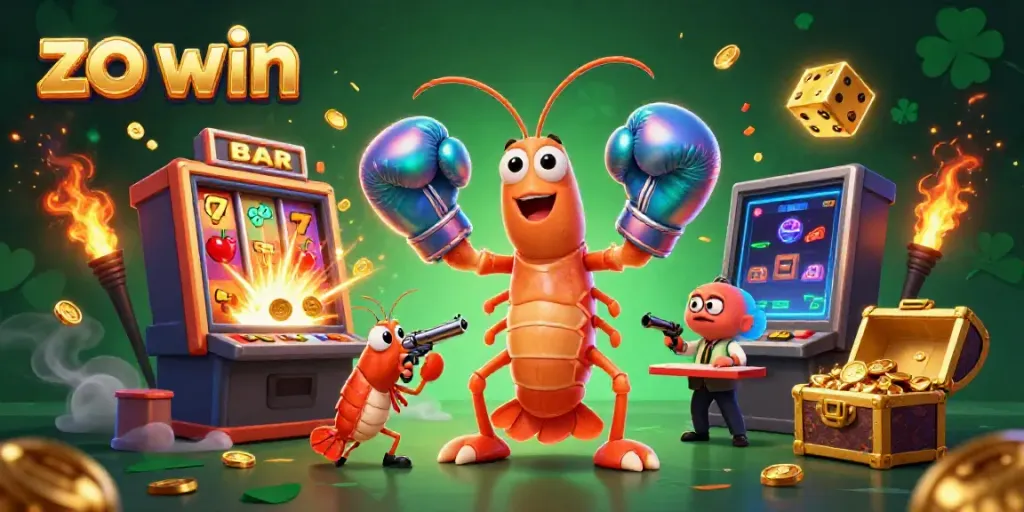 Experience gameplay excitement with zo win in this vibrant 3D casino scene featuring whimsical characters.