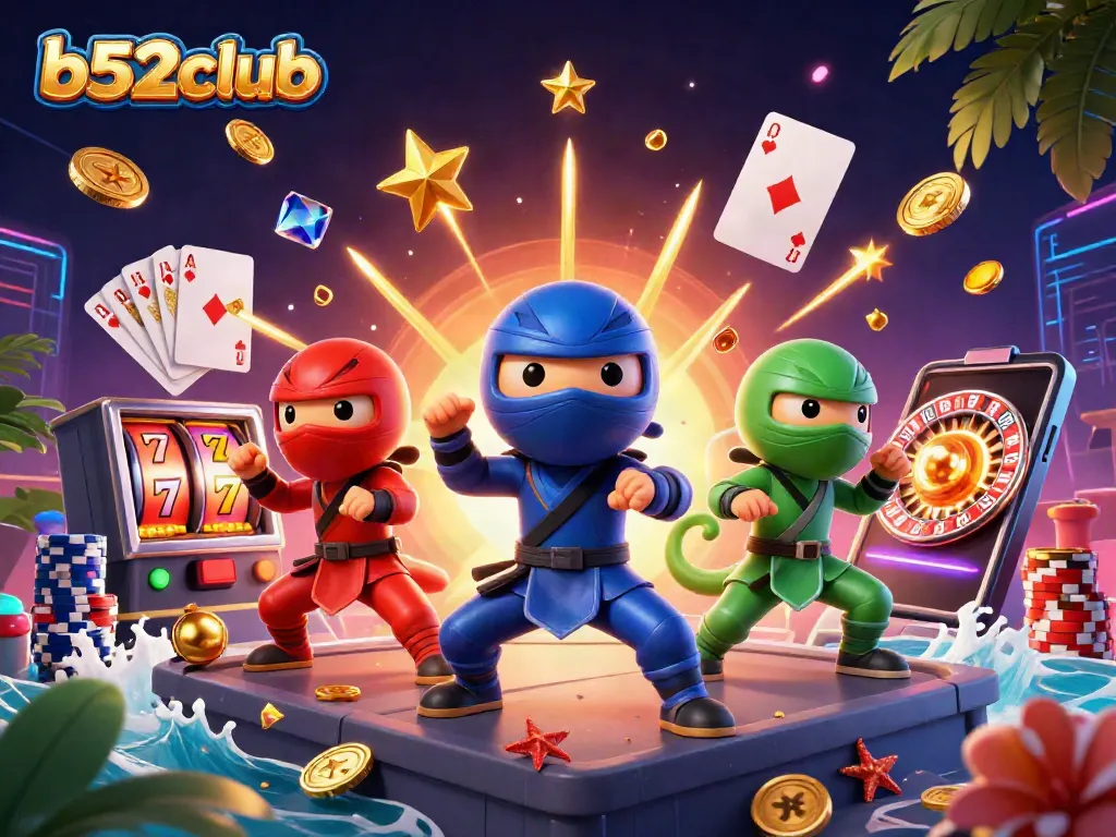 Experience thrilling wins at b52club with dynamic chameleon ninjas amidst casino symbols.