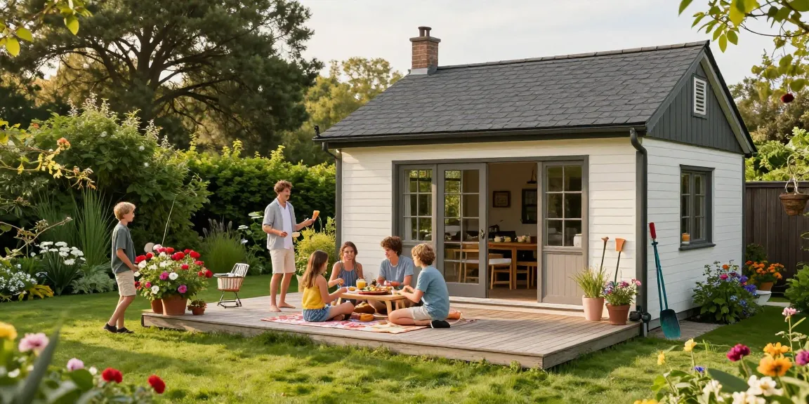 Familie am Garten Haus genießen einen sonnigen Nachmittag mit einer Picknickdecke im Garten.
