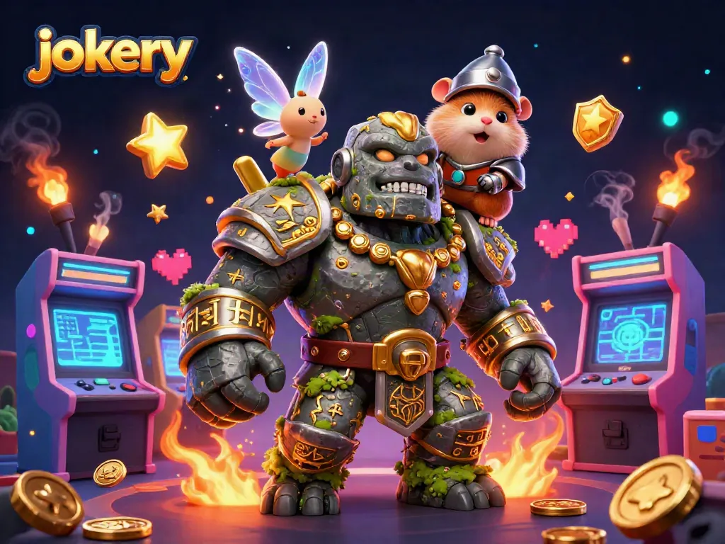 Experience the excitement with jokery as the brave hamster knight rides the enchanted golem in a vibrant casino world.