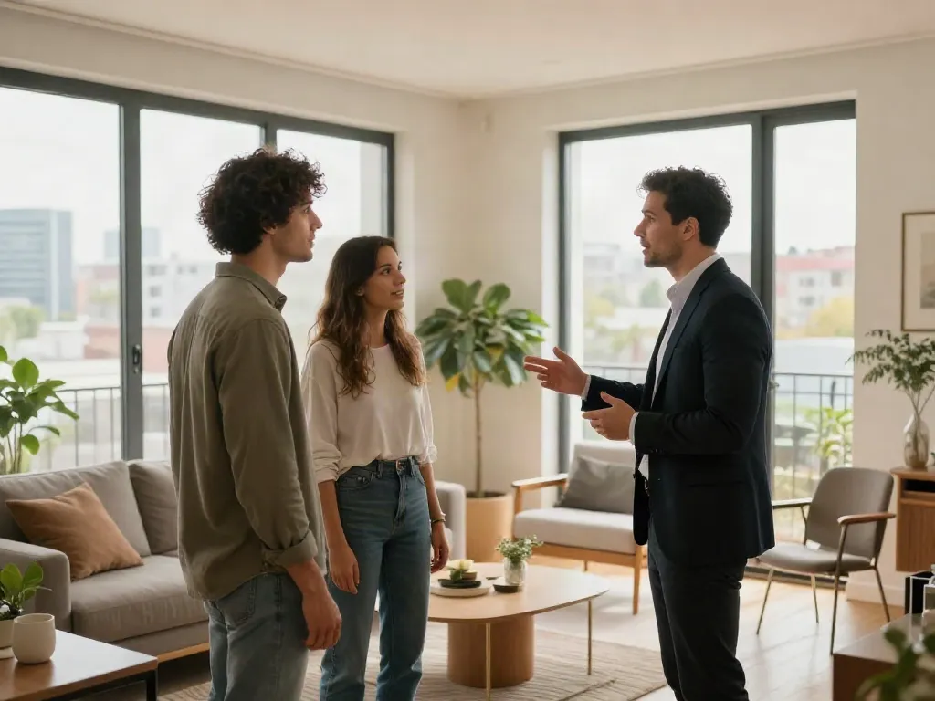 Bester Immobilienmakler Frankfurt zeigt modernes Apartment während einer Hausbesichtigung mit jungem Paar.