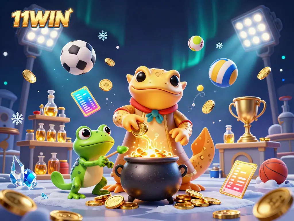 11WIN features an enchanting scene with a golden salamander alchemist harmoniously crafting gold.