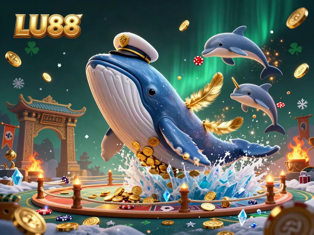 Experience thrilling moments with LU88's captain whale, golden narwhal, and dolphin performers in a vibrant casino scene.