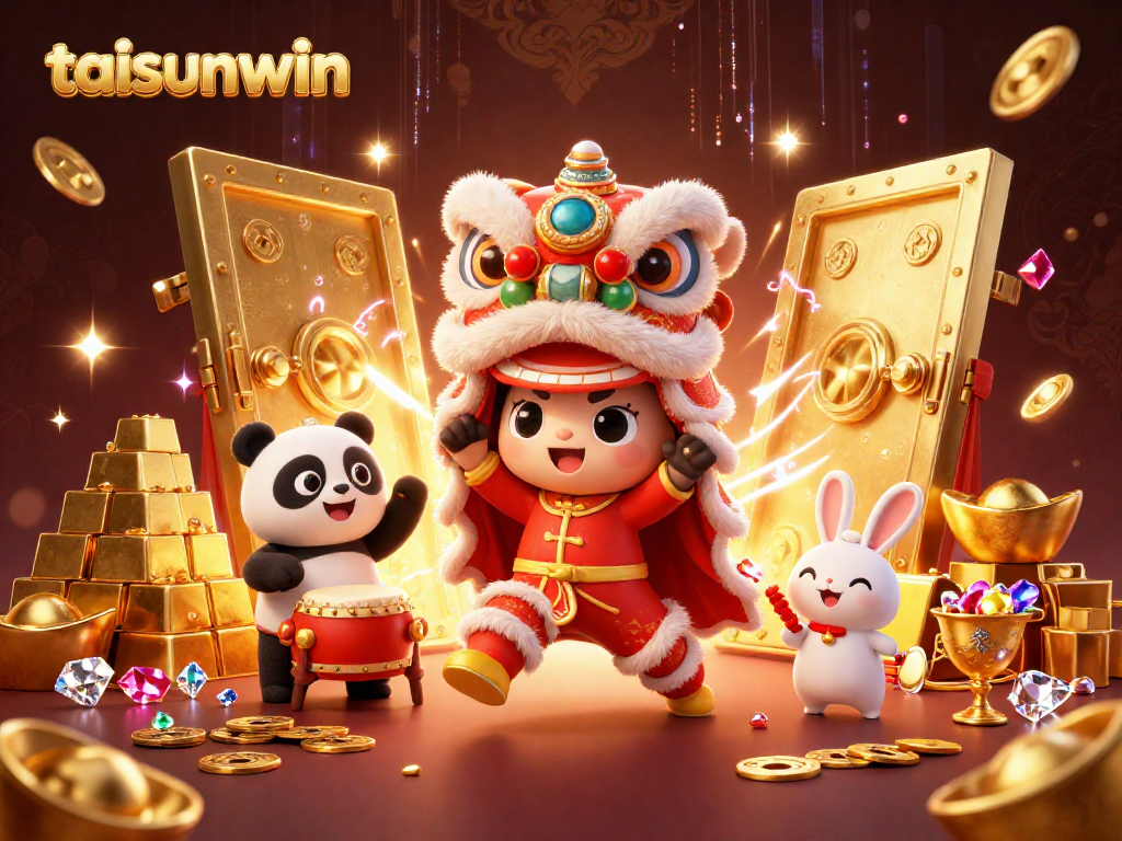 Engage with taisunwin's vibrant scene featuring a lion dance and dynamic casino elements.