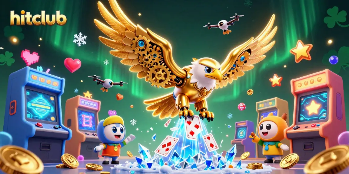 Experience the thrill of hitclub as a cybernetic eagle navigates holographic cards in a vibrant casino scene.