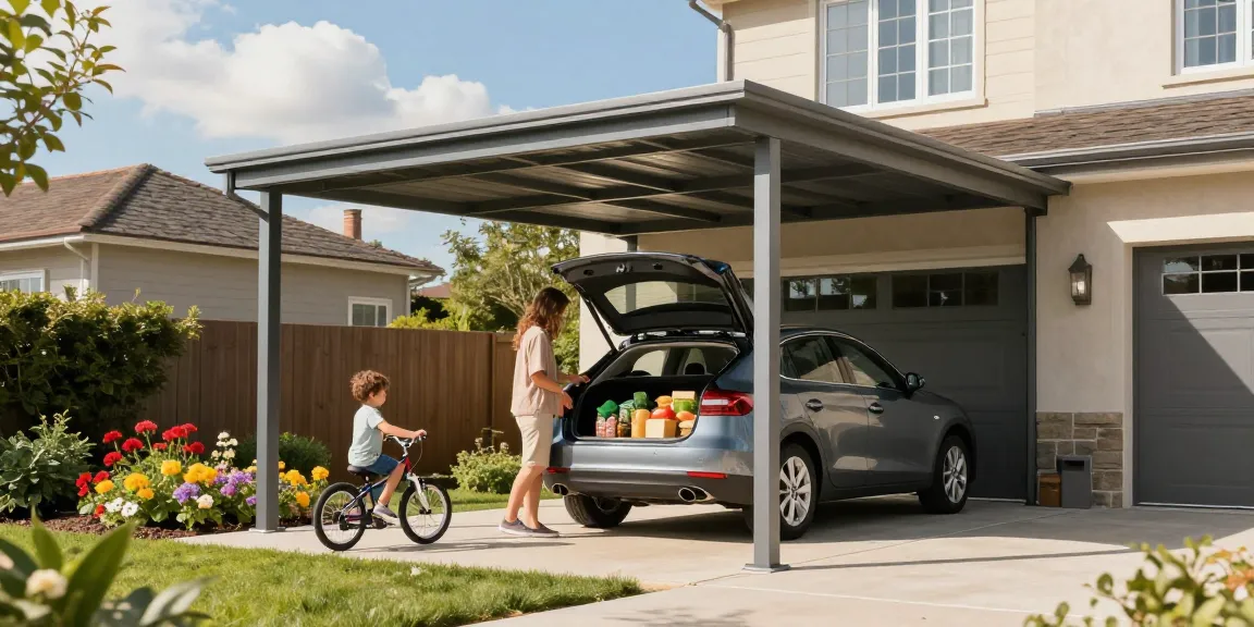 Familie genießt die Vorteile eines modernen Carports für ihr Fahrzeug und die Gartenumgebung.
