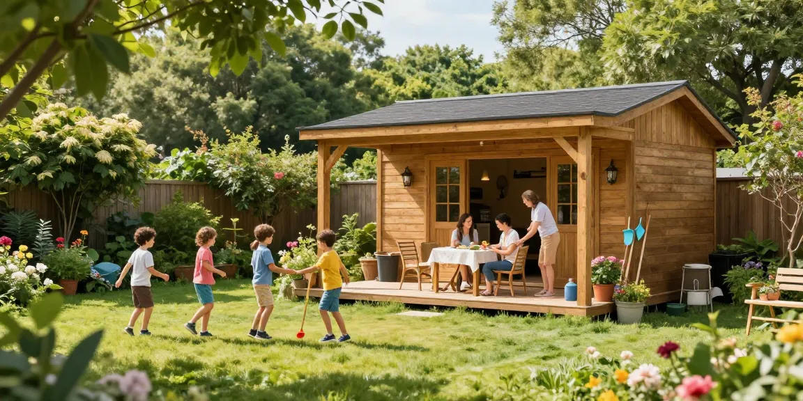Wunderschönes Gartenhaus Holz im Garten mit Familie, die die Natur genießt.