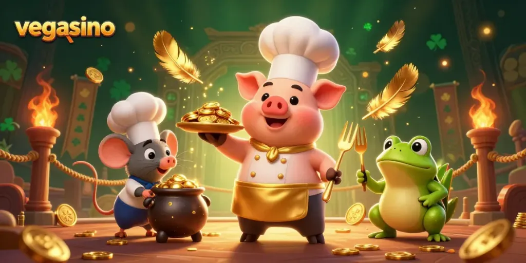 Engage in thrilling gameplay at vegasino with a lively scene featuring a chef pig and a food critic frog.