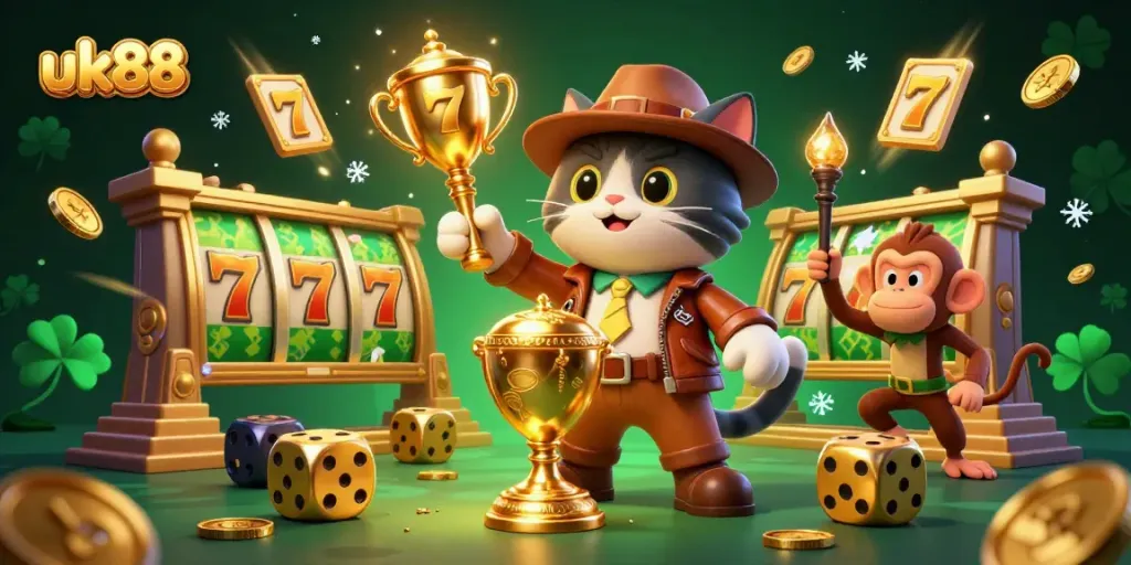 Join the uk88 adventure as the explorer cat discovers golden casino treasures amidst dazzling slot games.