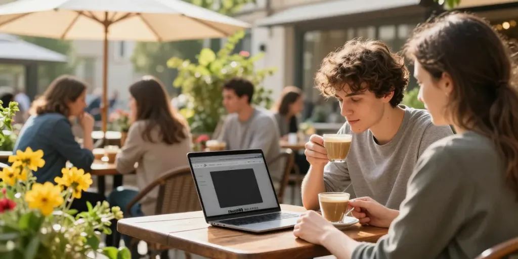 Couple enjoying coffee at an outdoor café while exploring rokok88.