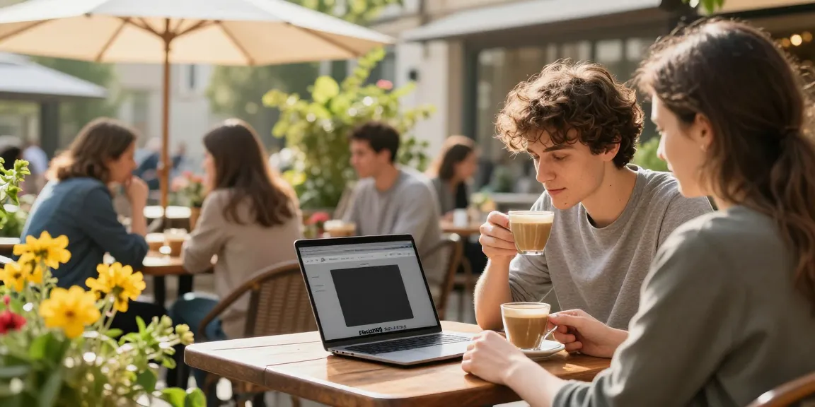 Couple enjoying coffee at an outdoor café while exploring rokok88.