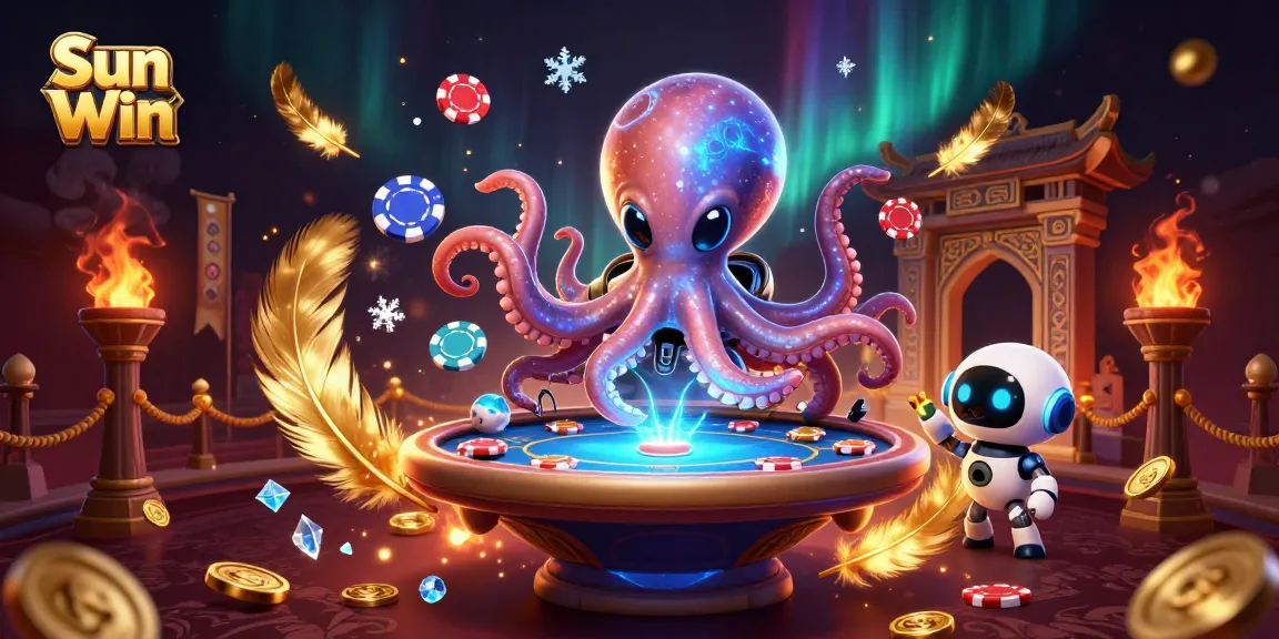 Experience thrilling action at Sun Win with an alien octopus playing holographic poker in a vibrant casino.