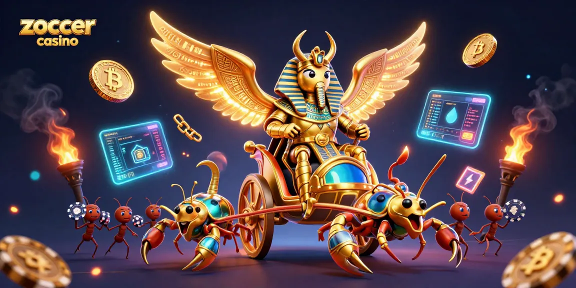 Experience the excitement of zoccer casino with a dynamic 3D illustration of a golden scarab and vibrant crypto elements.