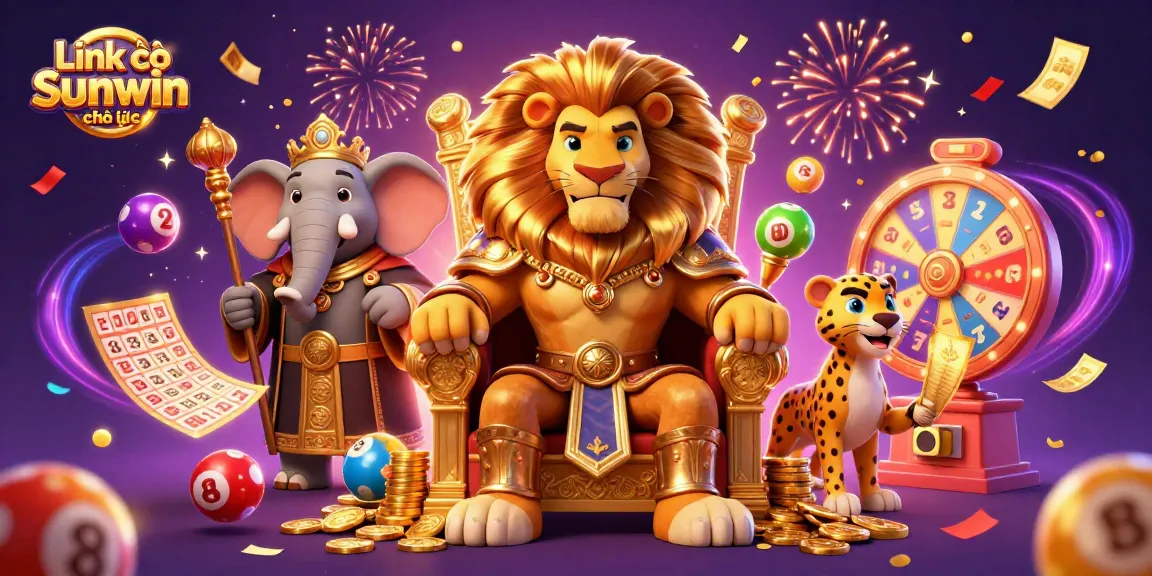 Engage in excitement with Link vào Sunwin chính thức, featuring casino characters amidst vibrant lottery and game elements.